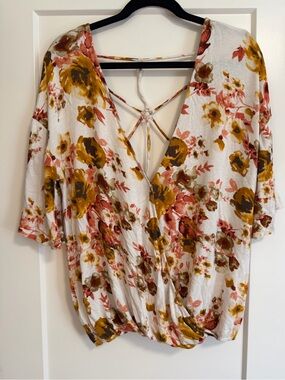 Daytrip Floral Wrap Blouse in cream, golden yellow, & dusty rose
